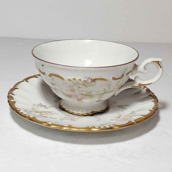 Golden Crown Teacup and Saucer Pink Purple Flowers Western Germany Vintage - Picture 10 of 10